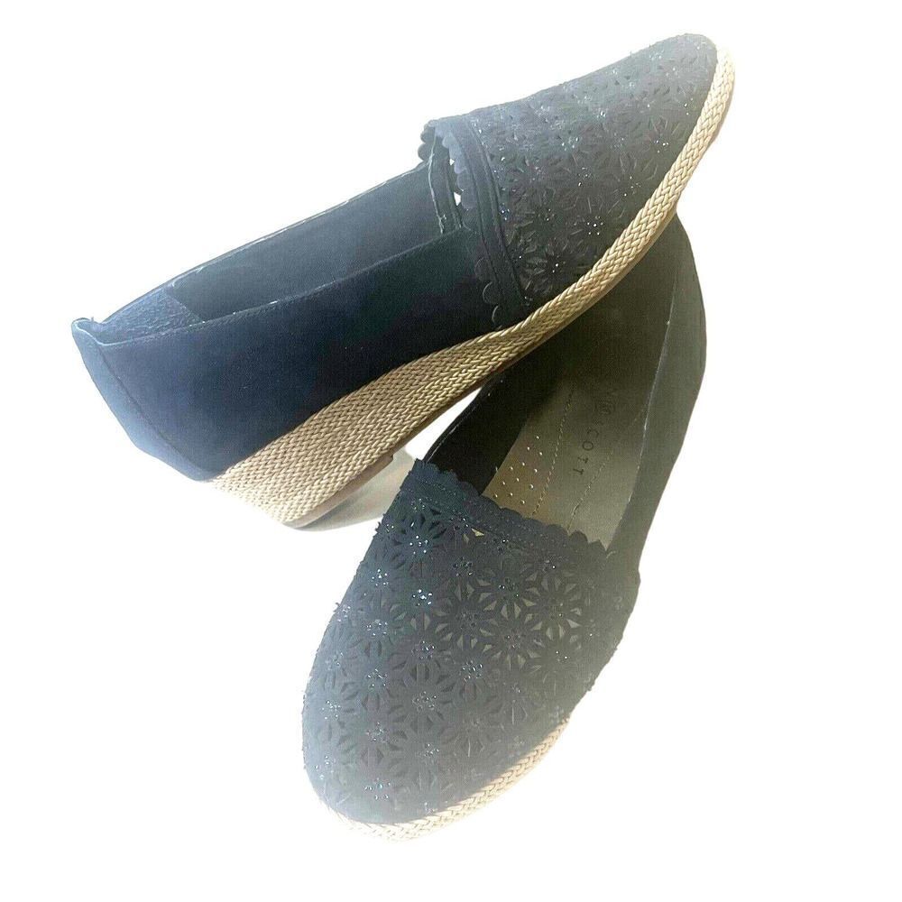 Karen Scott Navy Blue Fabric Cutout Glitter Slip On Comfort Wedges Women's 9.5 M